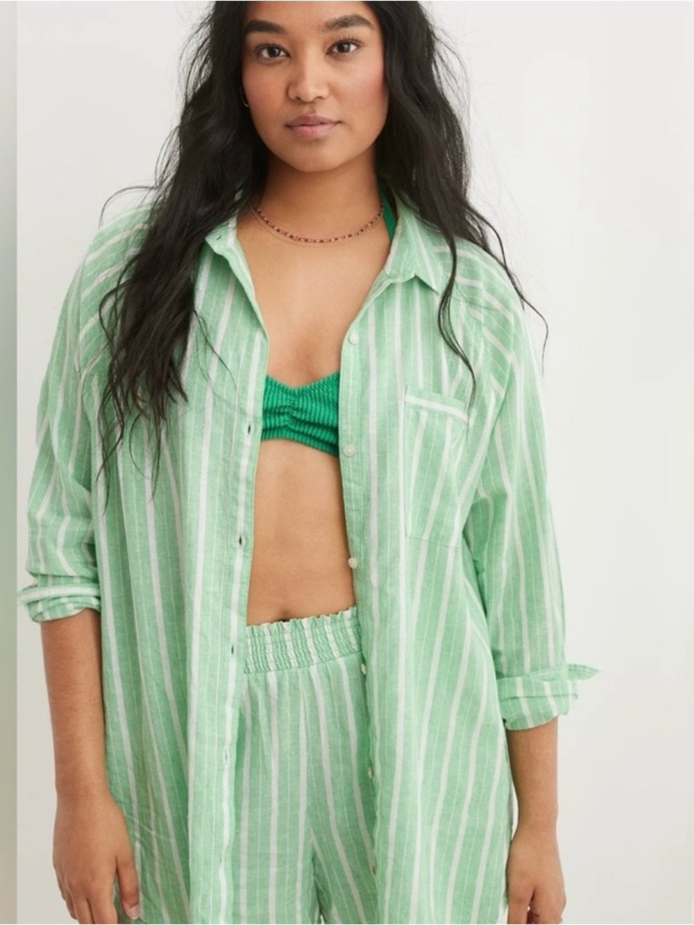 aerie Mint Green and White Striped Linen Blend Cover-Up Shirt